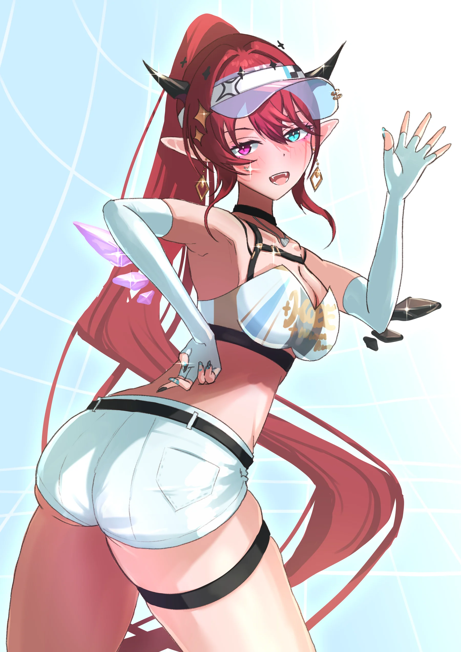 赤い髪のIRySが淡い水色の衣装でポーズを取るファンアート